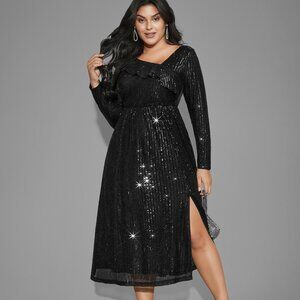 BLOOMCHIC Sequin Mesh Asymmetrical Neck Midi Dress SIZE 3X